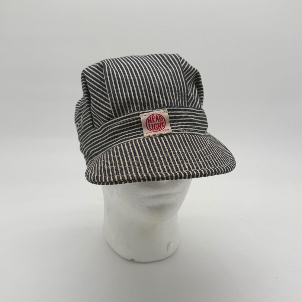 Vintage Head Light Union Made Hickory Stripe Railroad Work Cap USA Workwear